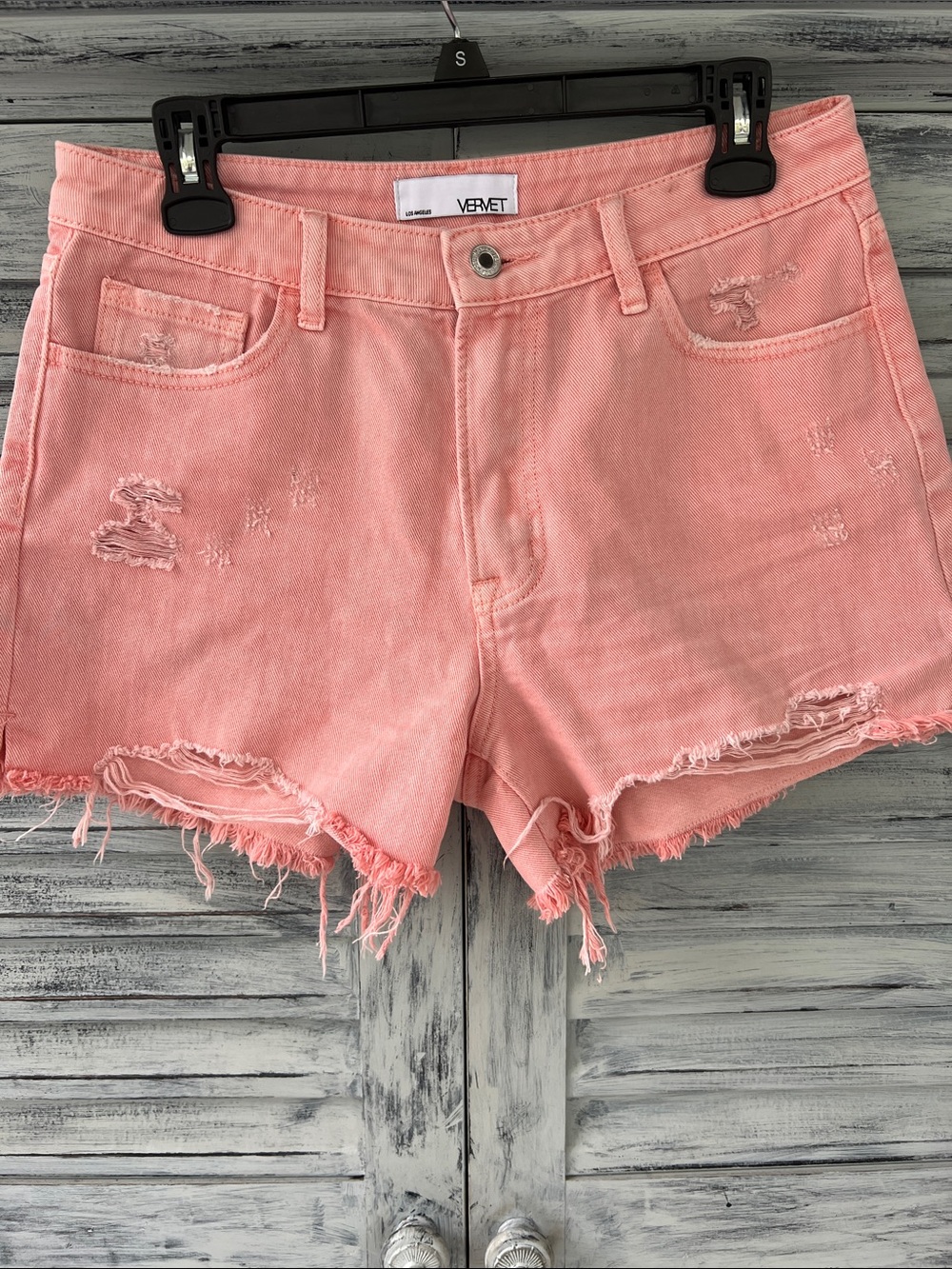 VERVET  Rebecca High Rise Coral Pink Distressed Denim Shorts Size M